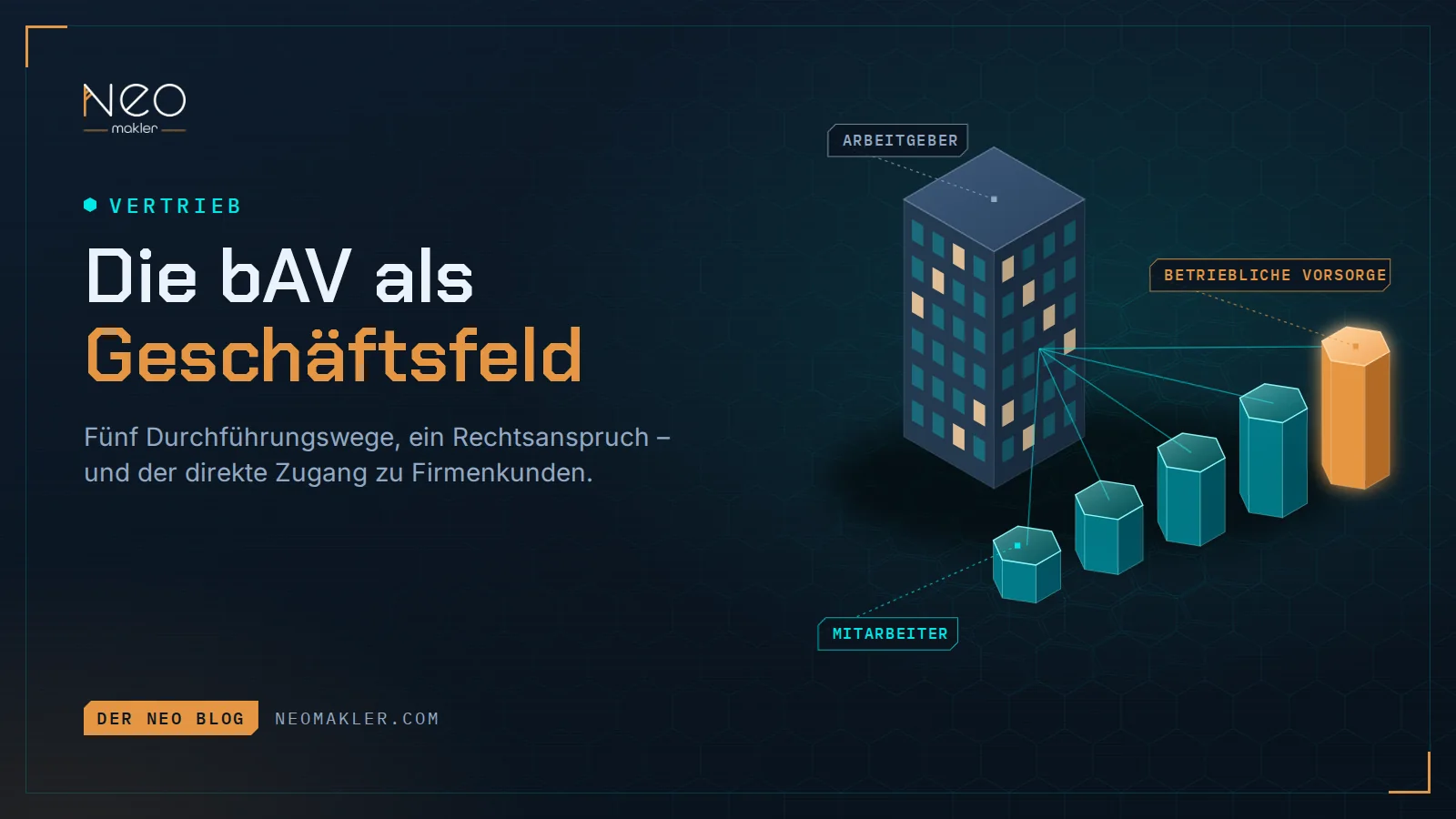 Titelbild „Die bAV als Geschäftsfeld“ – Arbeitgeber-Gebäude, verbunden mit Mitarbeitenden, deren Vorsorge wächst