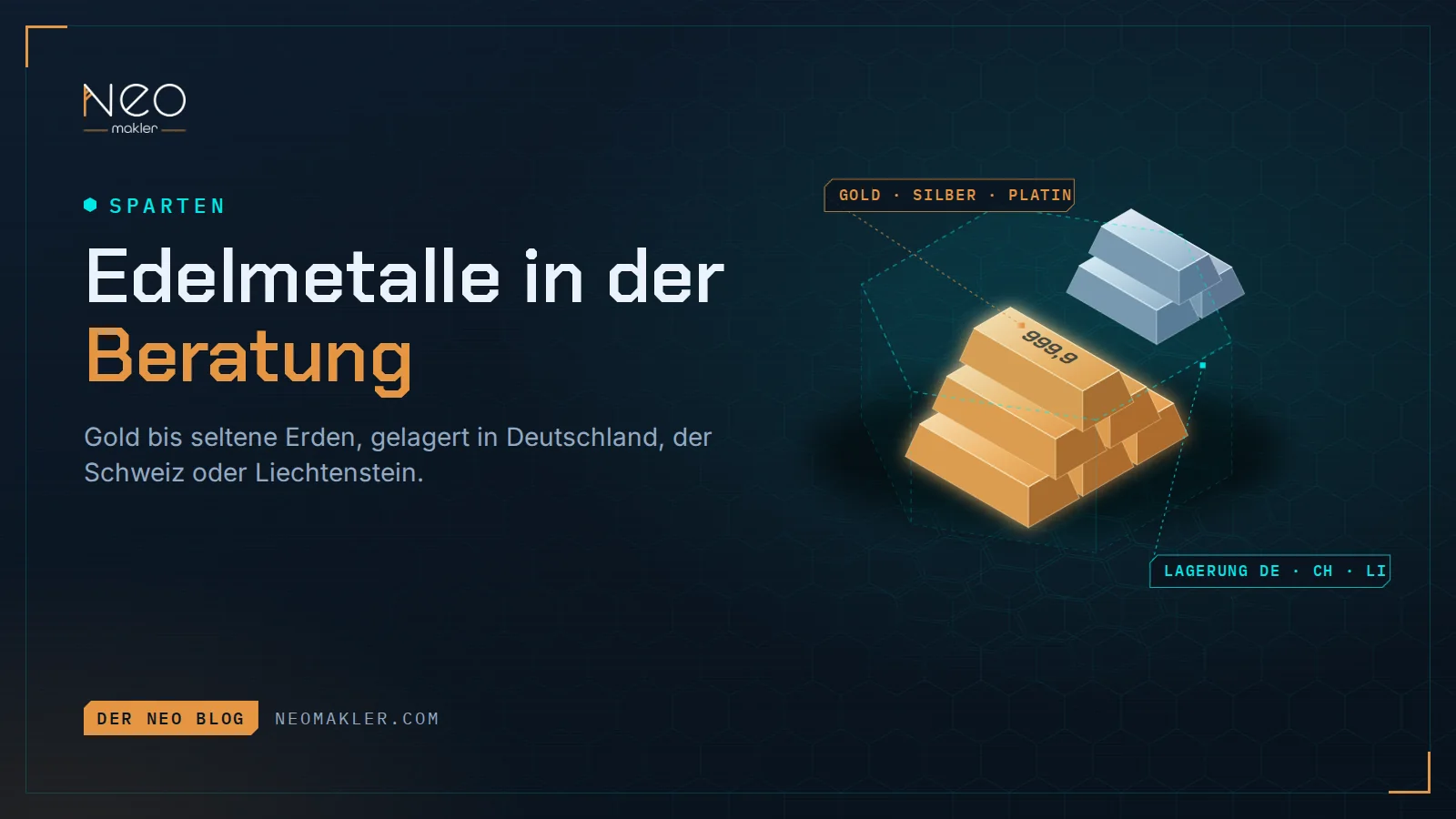 Titelbild „Edelmetalle in der Beratung“ – Goldbarren in einer gläsernen Lager-Hülle, dahinter Silber