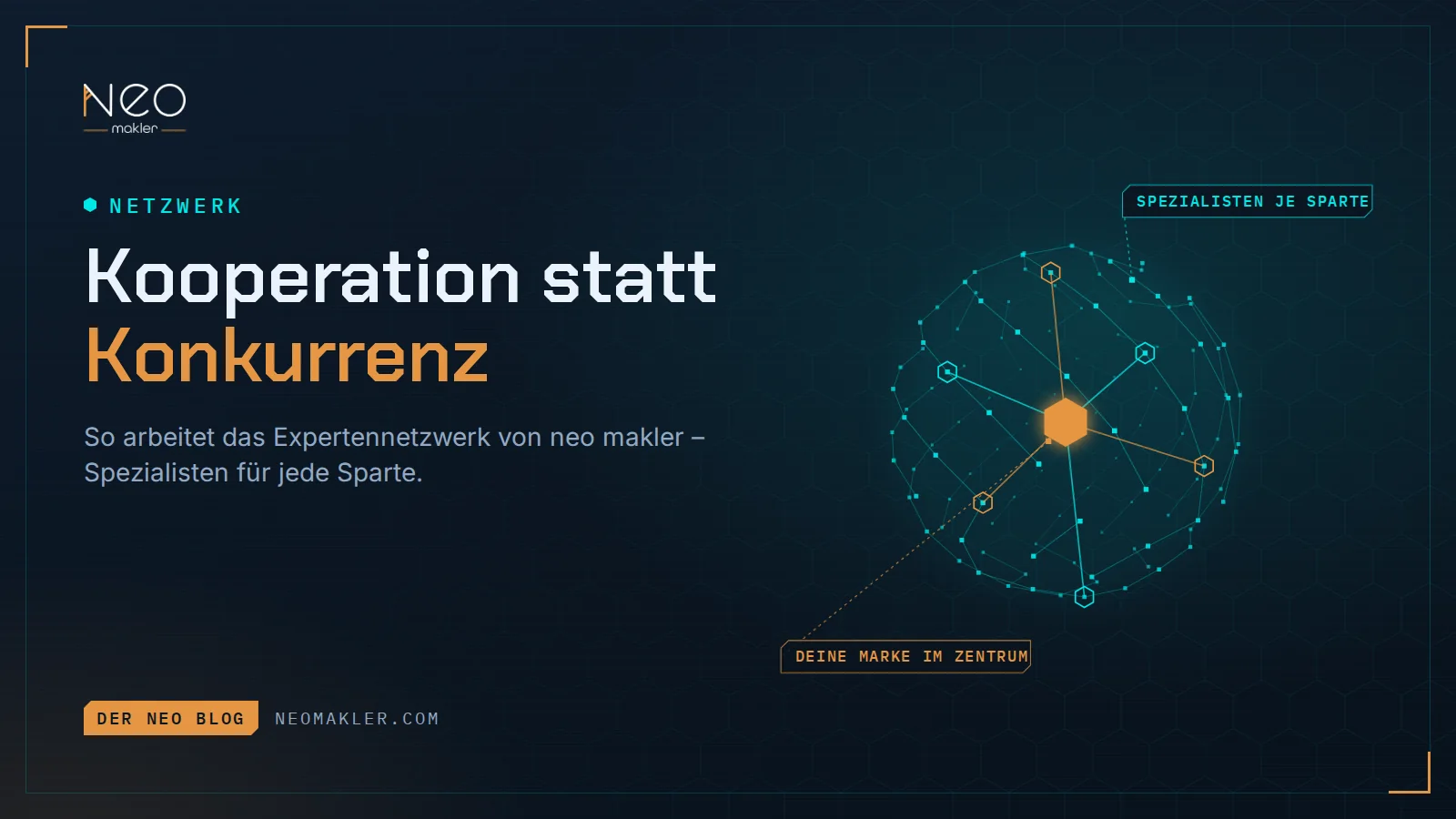 Titelbild „Kooperation statt Konkurrenz“ – Netzwerkkugel mit orangem Kern