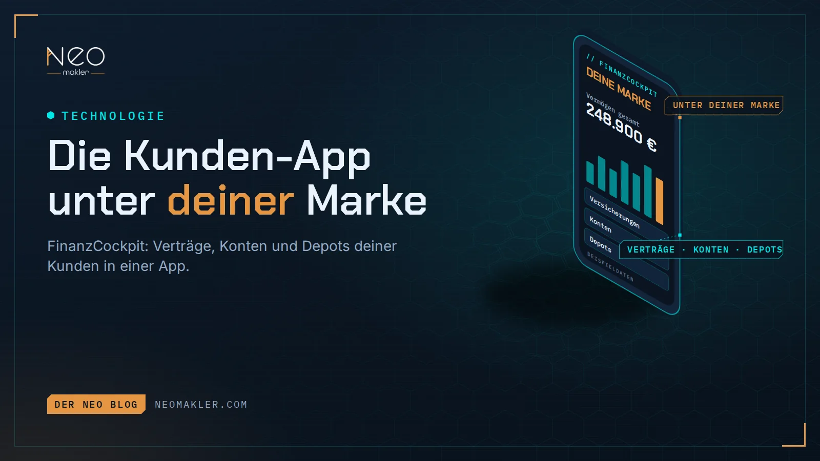 Titelbild „Die Kunden-App unter deiner Marke“ – Smartphone mit FinanzCockpit-Ansichten
