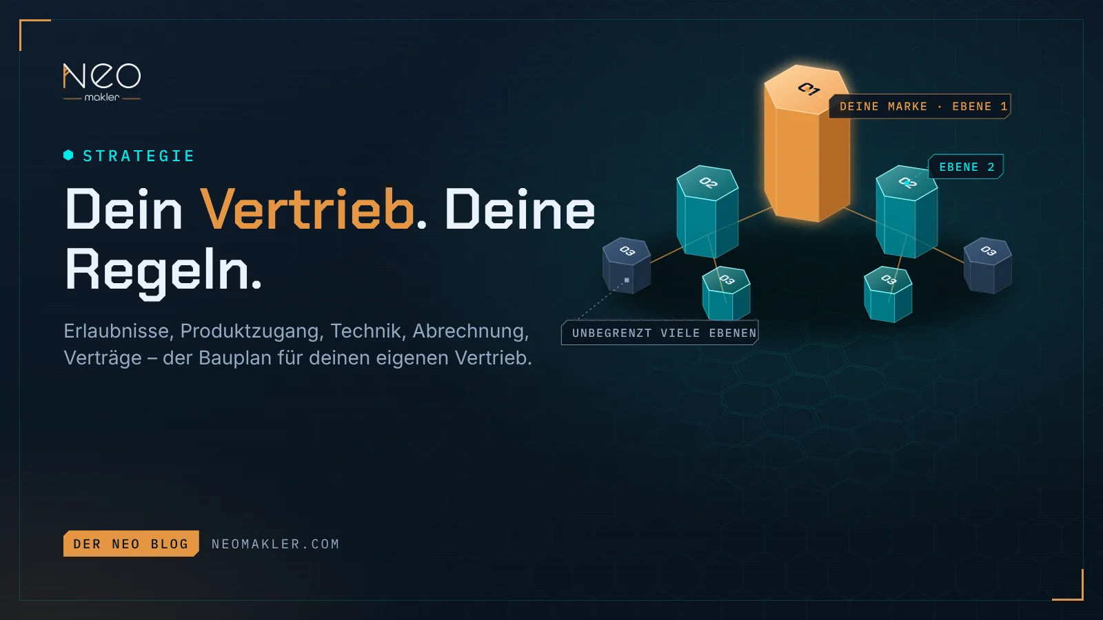 Titelbild „Dein Vertrieb. Deine Regeln.“ – ein oranges Prisma als deine Marke auf Ebene 1, darunter cyane Prismen auf Ebene 2 und 3, verbunden durch orange Linien