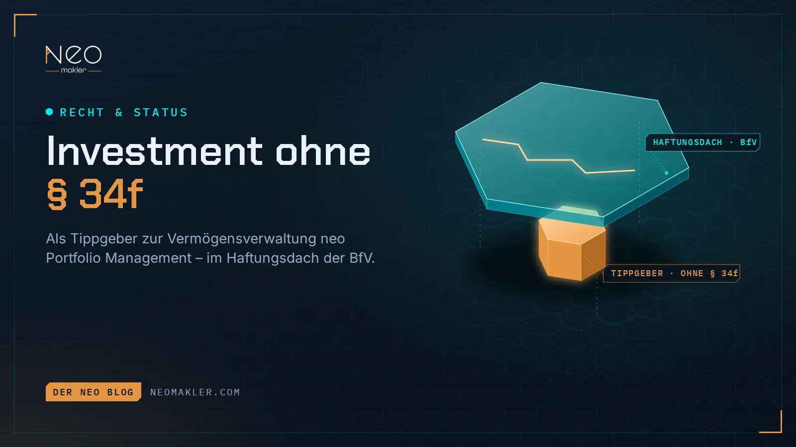 Titelbild „Investment ohne § 34f“ – Haftungsdach über einem Tippgeber-Knoten mit Kurslinie