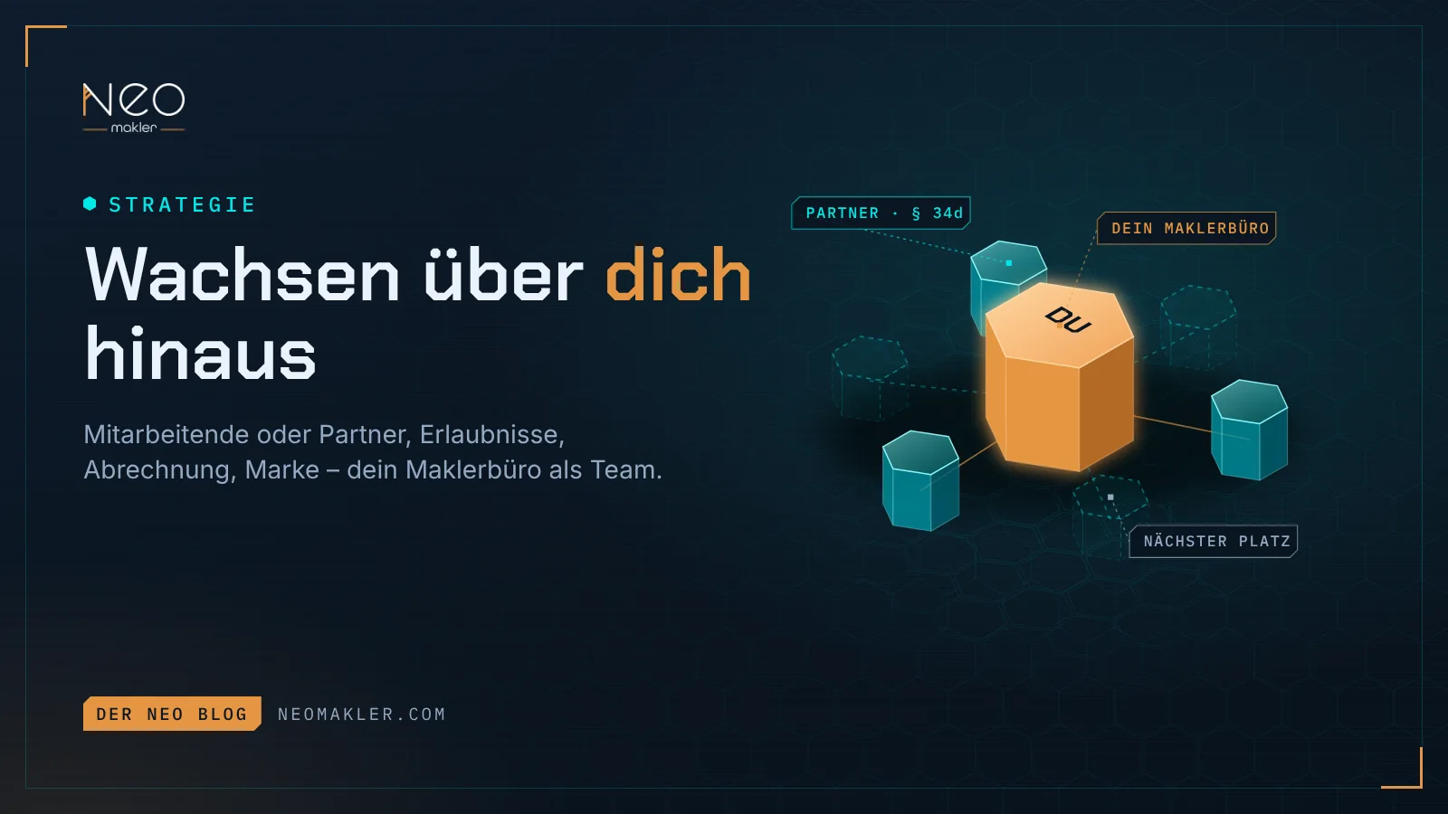 Titelbild „Wachsen über dich hinaus“ – ein oranges Prisma für dein Maklerbüro in der Mitte, umgeben von cyanen Prismen für Partner und gestrichelten freien Plätzen