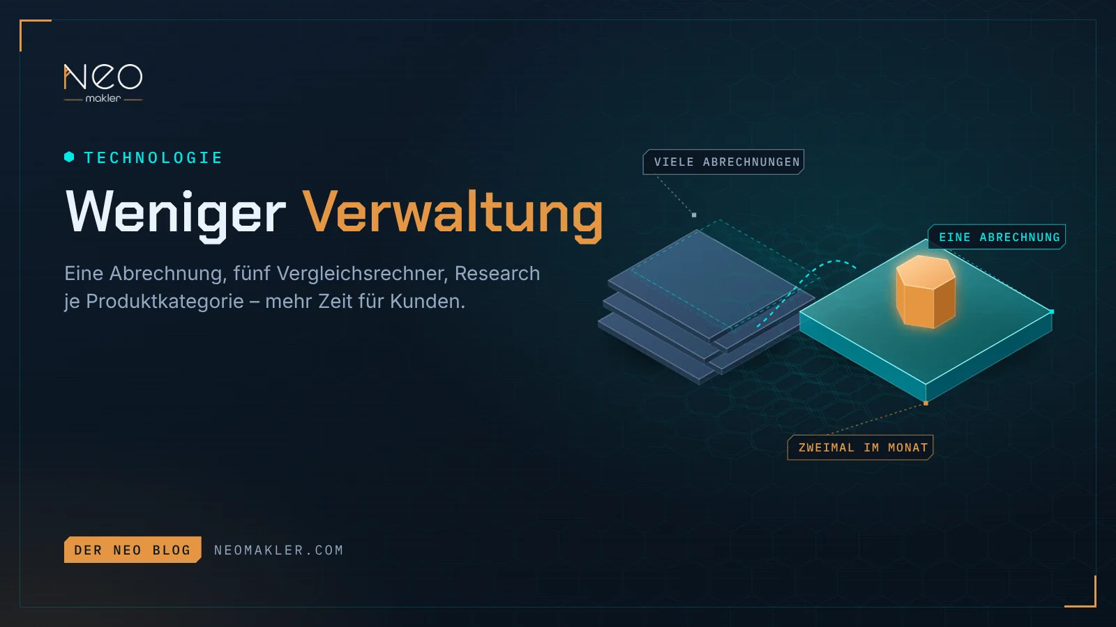Titelbild „Weniger Verwaltung“ – links ein Stapel grauer Blätter für viele Abrechnungen, rechts eine cyane Fläche mit orangem Prisma für eine Abrechnung zweimal im Monat